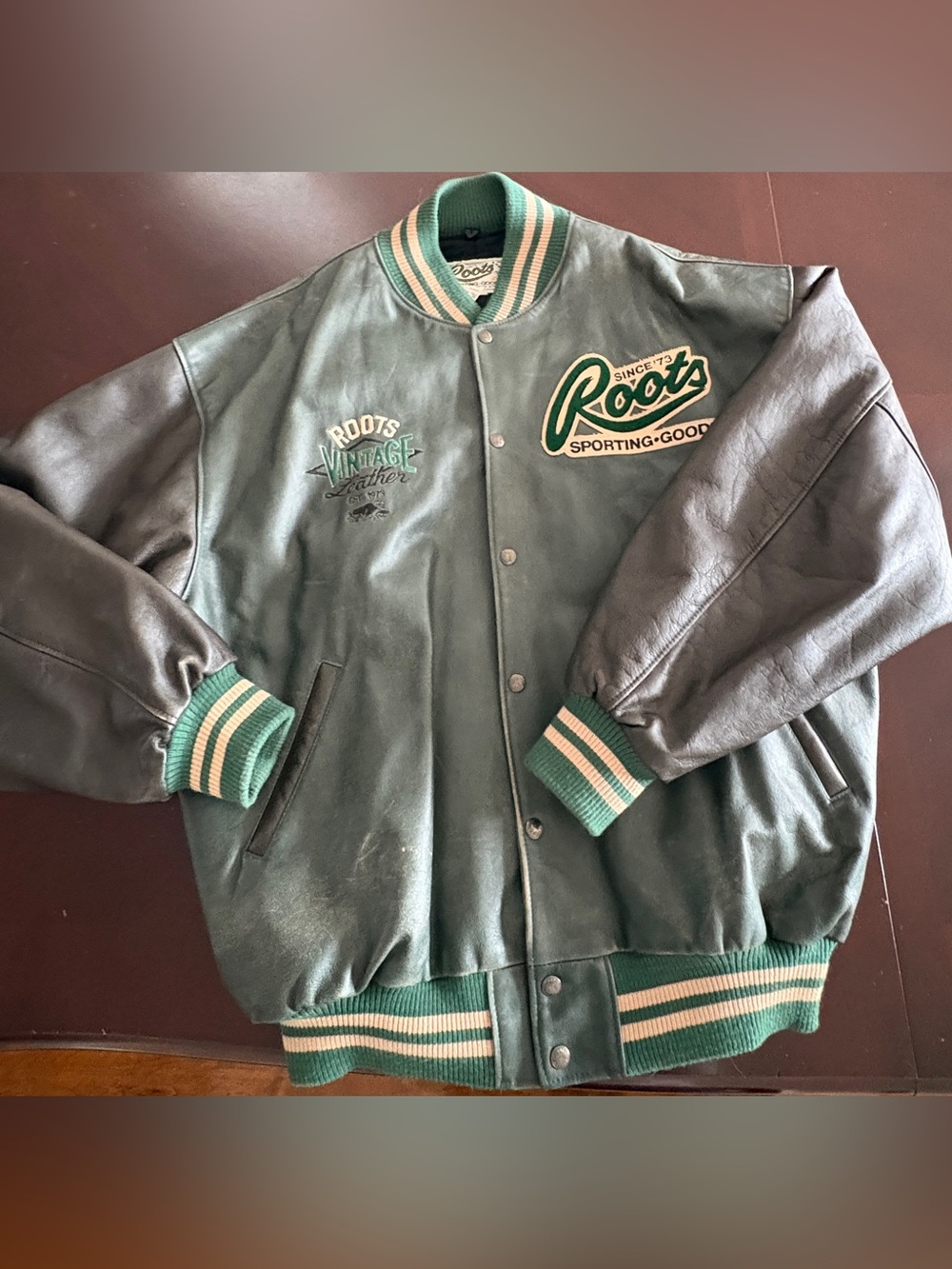 Vintage Roots Green Leather Varsity Jacket with Striped Trim